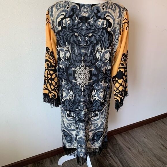 Women's Handmade Indian Kurta Sequined Tasseled Fringe Hem Golden Yellow Black - Picture 6 of 12